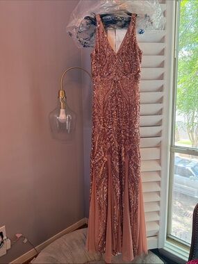 Sequined Rose Gold V-Neck Prom Dress